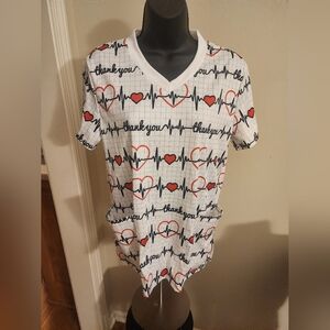 LL - Scrubs White Heartbeat Print V-Neck MEDIUM
